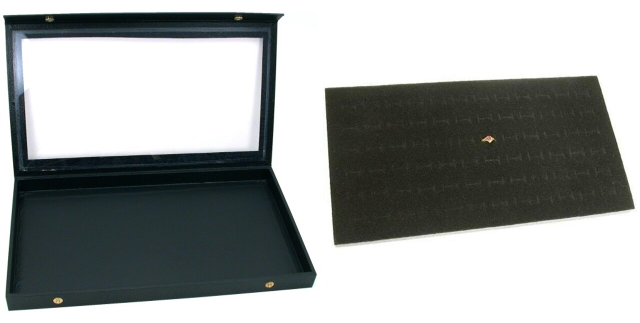 Black Glass Top Jewelry Case (Snap close lid) w/ Black 72-slot Foam Display Pad